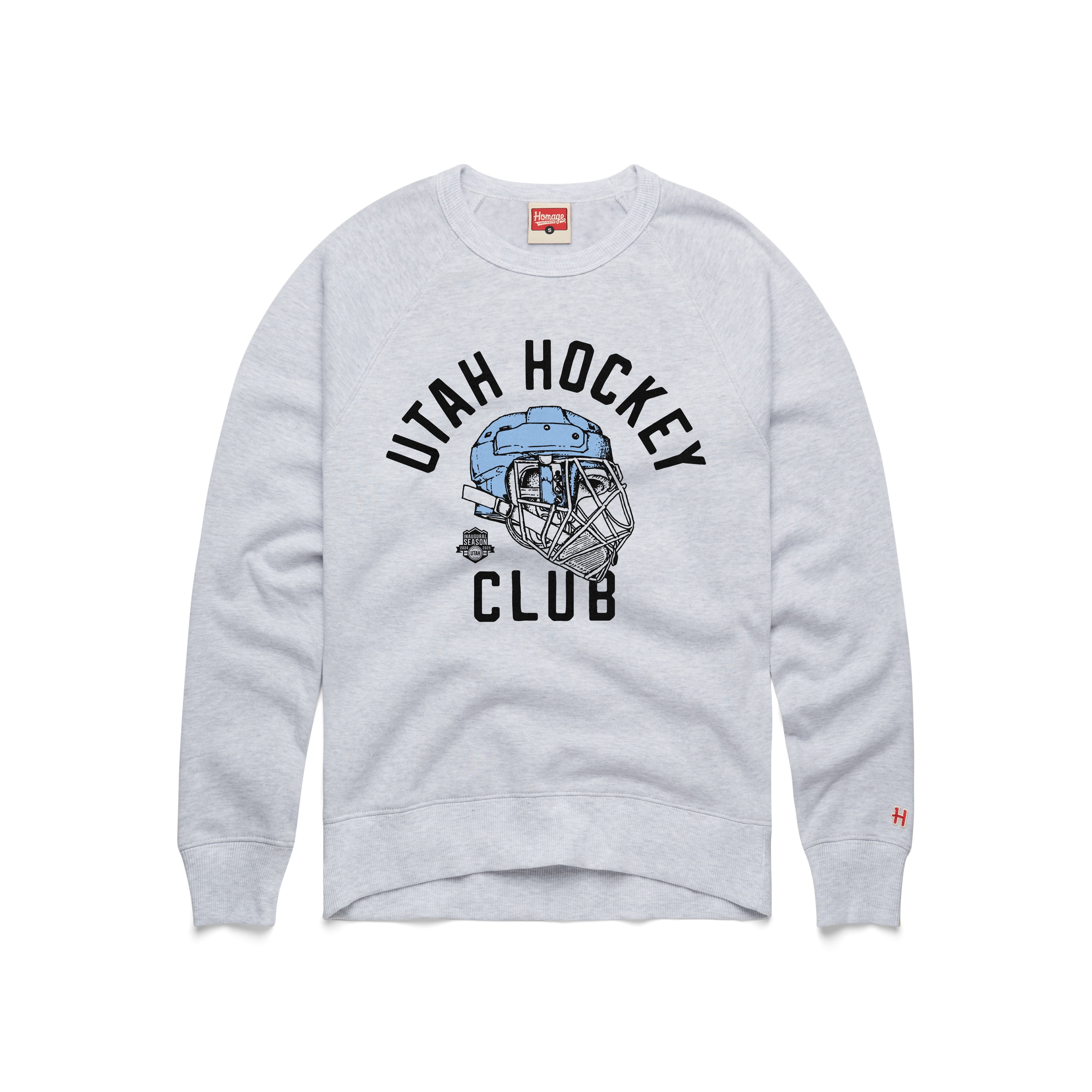 Utah Hockey Helmet Crewneck Sweatshirt - White - Homage Sweatshirts Homage