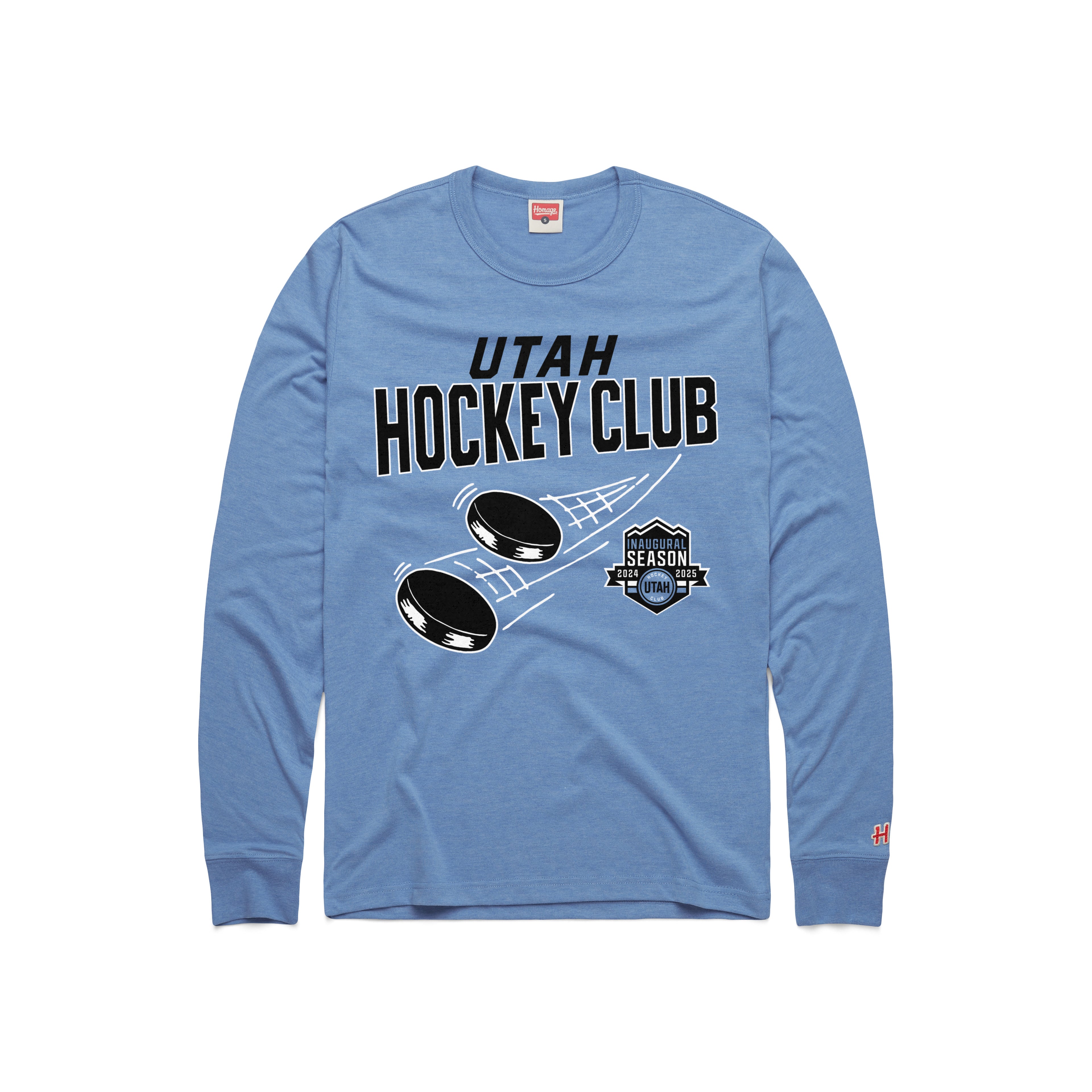 Utah Hockey Dbl Flying Puck Long Sleeve Tee - Blue - Homage Long Sleeve T-Shirt Homage